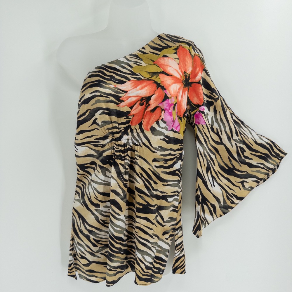 Vintage Y2K Cache One Shoulder Top Women M Silk Animal Print Mob 2000s Party - Picture 2 of 14